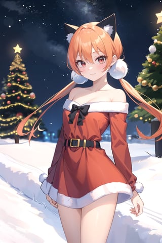 (masterpieces:1, best quality, high quality),alisa, solo,scarlet eyes,  long hair, yellow orange hair , low twintails, (twintails:1),  black fake animal ear, hair bobbles, happy, smile, small boobs, santa dress, red, belt, off shoulders, bare_shilders, bare_neck, collarbone, black high heels,thighs,Detailedface,High detaile,sntdrs, red santa dress, alisa, standing in snow, snow, outdoor, christmas trees, Christmas design, Christmas background, street town, night, starry_night, ultra details, cowboy shot, DonMN30nChr1stGh0sts