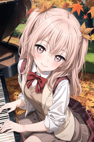 best quality, (masterpiece:1.2), detailed, dutch_angle, inui sajuna juju,1girl, solo, head tilt,smile, blush,pink hair, pink eyes, long hair, looking at the viewer, two side up,

 Instrument: A girl playing a grand piano with piano keys visible, musical notes on the piano.,

 Multicolored Hair with Hair Ribbon: Hair featuring gradient hues, adorned with a hair ribbon.,

 Brown Dress and White Jacket: Outfit consisting of a brown dress paired with a white jacket.,

 Autumn Leaves: Incorporating the theme of autumn leaves in the background or as part of the scene. ,school uniform, sweater vest