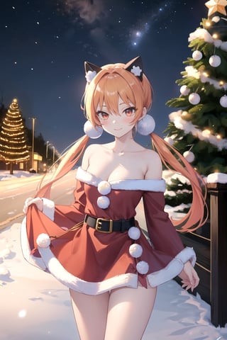 (masterpieces:1, best quality, high quality),alisa, solo,scarlet eyes,  long hair, yellow orange hair , low twintails, (twintails:1),  black fake animal ear, hair bobbles, happy, smile, small boobs, santa dress, red, belt, off shoulders, bare_shilders, bare_neck, collarbone, black high heels,thighs,Detailedface,High detaile,sntdrs, red santa dress, alisa, standing in snow, snow, outdoor, christmas trees, Christmas design, Christmas background, street town, night, starry_night, ultra details, cowboy shot, DonMN30nChr1stGh0sts