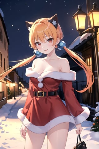 (masterpieces:1, best quality, high quality),alisa, solo,scarlet eyes,  long hair, yellow orange hair , low twintails, (twintails:1),  black fake animal ear, hair bobbles, happy, smile, small boobs, santa dress, red, belt, off shoulders, bare_shilders, bare_neck, collarbone, black high heels,thighs,Detailedface,High detaile,sntdrs, red santa dress, alisa, standing in snow, snow, outdoor, christmas trees, Christmas design, Christmas background, street town, night, starry_night, ultra details, cowboy shot, DonMN30nChr1stGh0sts