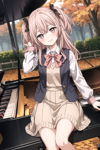 best quality, (masterpiece:1.2), detailed, dutch_angle, inui sajuna juju,1girl, solo, head tilt,smile, blush,pink hair, pink eyes, long hair, looking at the viewer, two side up,

 Instrument: A girl playing a grand piano with piano keys visible, musical notes on the piano.,

 Multicolored Hair with Hair Ribbon: Hair featuring gradient hues, adorned with a hair ribbon.,

 Brown Dress and White Jacket: Outfit consisting of a brown dress paired with a white jacket.,

 Autumn Leaves: Incorporating the theme of autumn leaves in the background or as part of the scene. ,school uniform, sweater vest