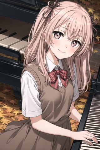 best quality, (masterpiece:1.2), detailed, dutch_angle, inui sajuna juju,1girl, solo, head tilt,smile, blush,pink hair, pink eyes, long hair, looking at the viewer, two side up,

 Instrument: A girl playing a grand piano with piano keys visible, musical notes on the piano.,

 Multicolored Hair with Hair Ribbon: Hair featuring gradient hues, adorned with a hair ribbon.,

 Brown Dress and White Jacket: Outfit consisting of a brown dress paired with a white jacket.,

 Autumn Leaves: Incorporating the theme of autumn leaves in the background or as part of the scene. ,school uniform, sweater vest