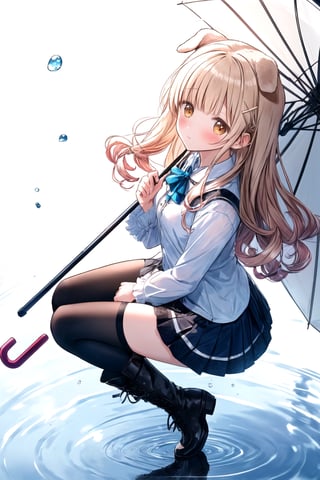 long hair,curly hair, (folded dog ears: 1.1), best quality, masterpiece, highres, 1girl,  Mahiru Shiina, intricate details, hairpin, looking slightly shyly to the side, dynamic angle, from side, from above, 1girl, solo, holding {transparent umbrella}, looking at viewer, blush, black hair, hair ornaments, hairpin, frilled shirt, lacing sleeves, miniskirt, black legwear, boots, white background, ray tracing, blue light, {waterdrops}, ripples, reflection, light particles, bokeh,