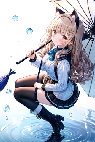 long hair,curly hair, cat ears, best quality, masterpiece, highres, 1girl,  Mahiru Shiina, intricate details, hairpin, looking slightly shyly to the side, dynamic angle, from side, from above, 1girl, solo, holding {transparent umbrella}, looking at viewer, blush, black hair, hair ornaments, hairpin, frilled shirt, lacing sleeves, miniskirt, black legwear, boots, white background, ray tracing, blue light, {waterdrops}, ripples, reflection, light particles, bokeh,