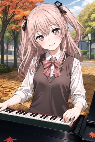 best quality, (masterpiece:1.2), detailed, dutch_angle, inui sajuna juju,1girl, solo, head tilt,smile, blush,pink hair, pink eyes, long hair, looking at the viewer, two side up,

 Instrument: A girl playing a grand piano with piano keys visible, musical notes on the piano.,

 Multicolored Hair with Hair Ribbon: Hair featuring gradient hues, adorned with a hair ribbon.,

 Brown Dress and White Jacket: Outfit consisting of a brown dress paired with a white jacket.,

 Autumn Leaves: Incorporating the theme of autumn leaves in the background or as part of the scene. ,school uniform, sweater vest