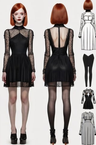 ((Front and back orthographic view)) silhouette visible (sheer gothic dress). Freckles. Redhead blunt bob haircut with straight curtains. Skinny Body. Wide hips. Light smile. Pale creamy skin. High heels. Bending knee