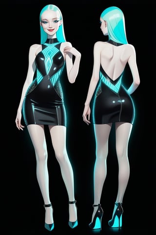 ((Front and back detail view)) Finnish girl. (Fashion Lookbook) Stunning. Smiling. Detailed High heels. Skinny body. Long hair with bangs. Wide hips. Color eyelashes. Happy. Carbon and diamond mini tight dress. Standing. Pale skin. Blue teal hair. Black background. Glowing phosphorescent hair and clothes. Dark.