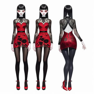 ((Front and back detail view)) Finnish girl. (Fashion Lookbook) Stunning. Smiling. Detailed High heels. Skinny body. Red and black Long hair with bangs. Wide hips. Eye shadows. Happy. Red mini tight transparente see through dress. Standing. Pale skin. Black pantyhose. Cute face