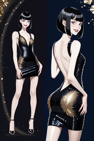 ((Front and back detail view)) Finnish girl. (Fashion Lookbook) Stunning. Smiling. Detailed High heels. Skinny body. Long hair with bangs. Wide hips. Color eyelashes. Happy. Carbon and diamond sequin layered mini tight dress. Standing. Pale skin. Black hair