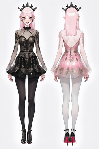 ((Front and back detail view)) Finnish girl. (Fashion Lookbook) Stunning. Smiling. Detailed High heels. Skinny body. Long hair with bangs. Wide hips. Eye shadows. Happy. Light Pink mini tight transparente see through dress. Standing. Pale skin. Black pantyhose. Cute face