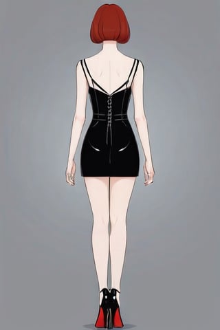 ((Front and back orthographic view)) silhouette visible (sheer gothic dress). Freckles. Redhead blunt bob haircut with straight curtains. Skinny Body. Wide hips. Light smile. Pale creamy skin. High heels. Bending knee