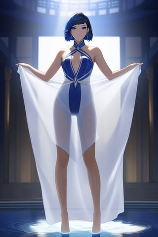 Yelan from genshin impact,holding a towel in front of her,masterpiece,best quality, transparent towel, see through silhouette. Thighgap
