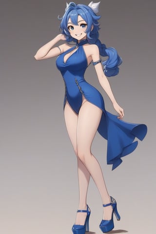 Tight blue dress, Smile. Yelan from Genshin Impact, (genshin_impact) high heels. Back and front view. Same character and same outfit.