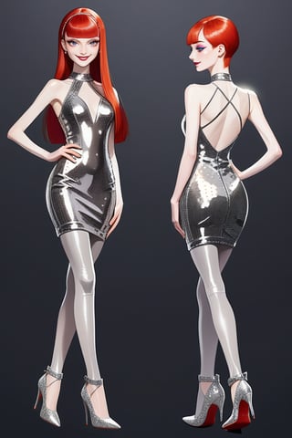 ((Front and back detail view)) Finnish girl. (Fashion Lookbook) Stunning. Smiling. Detailed High heels. Skinny body. Long hair with bangs. Wide hips. Color eyelashes. Happy. silver Carbon and diamond sequin mini tight dress. Standing. Pale skin. Redhead