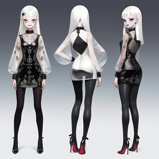 ((Front and back detail view)) Finnish girl. (Fashion Lookbook) Stunning. Smiling. Detailed High heels. Skinny body. Long hair with bangs. Wide hips. Eye shadows. Happy. White mini tight transparente see through dress. Standing. Pale skin. Black pantyhose. Cute face