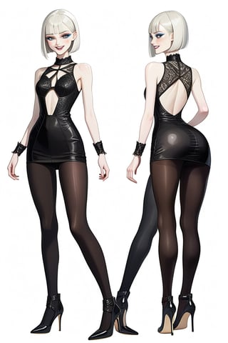 ((Front and back detail view)) Finnish girl. (Fashion Lookbook) Stunning. Smiling. Detailed High heels. Skinny body. Long hair with bangs. Wide hips. Eye shadows. Happy. White mini tight dress. Standing. Pale skin. Black pantyhose