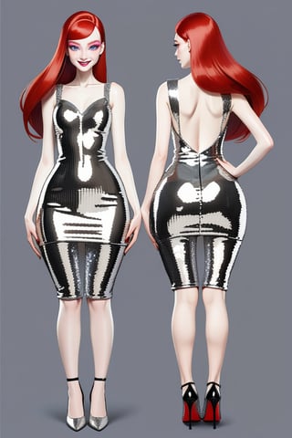 ((Front and back detail view)) Finnish girl. (Fashion Lookbook) Stunning. Smiling. Detailed High heels. Skinny body. Long hair with bangs. Wide hips. Color eyelashes. Happy. silver Carbon sequin mini tight dress. Standing. Pale skin. Redhead