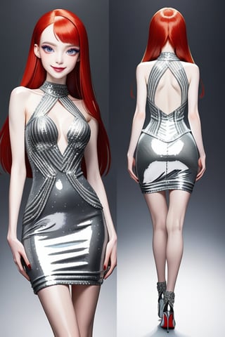 ((Front and back detail view)) Finnish girl. (Fashion Lookbook) Stunning. Smiling. Detailed High heels. Skinny body. Long hair with bangs. Wide hips. Color eyelashes. Happy. silver Carbon and diamond sequin mini tight dress. Standing. Pale skin. Redhead