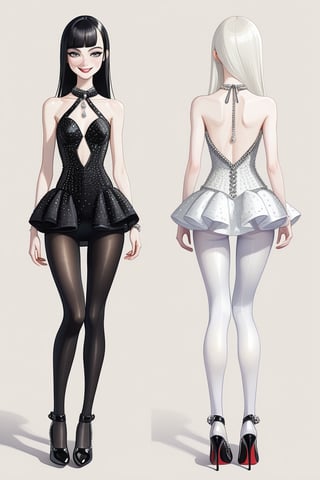 ((Front and back detail view)) Finnish girl. (Fashion Lookbook) Stunning. Smiling. Detailed High heels. Skinny body. Long hair with bangs. Wide hips. Eye shadows. Happy. White pearl and diamond mini tight dress. Standing. Pale skin. Black pantyhose