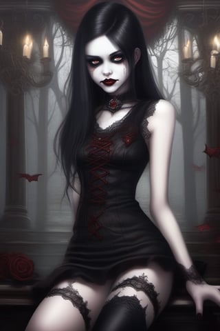 Very detailed eyes. Minidress. Vampire girl. Happy. High heels. Dark style. Pale skin