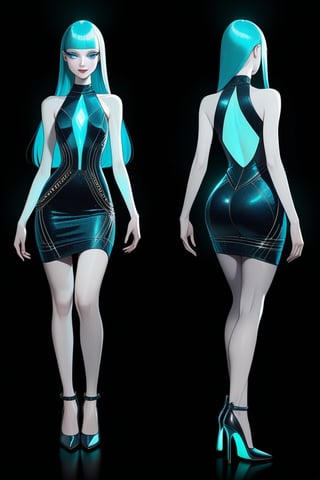 ((Front and back detail view)) Finnish girl. (Fashion Lookbook) Stunning. Smiling. Detailed High heels. Skinny body. Long hair with bangs. Wide hips. Color eyelashes. Happy. Carbon and diamond mini tight dress. Standing. Pale skin. Blue teal hair. Black background. Glowing phosphorescent hair and clothes. Dark.