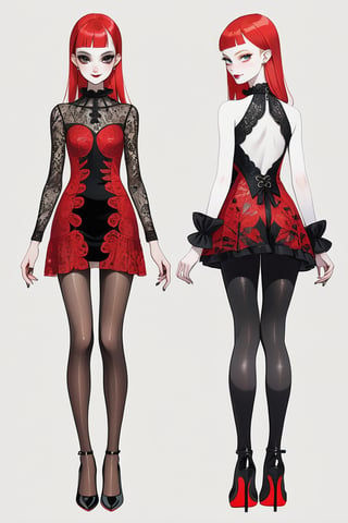 ((Front and back detail view)) Finnish girl. (Fashion Lookbook) Stunning. Smiling. Detailed High heels. Skinny body. Red and black Long hair with bangs. Wide hips. Eye shadows. Happy. Red mini tight transparente see through dress. Standing. Pale skin. Black pantyhose. Cute face