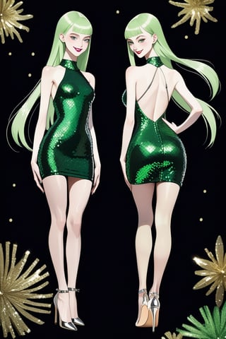((Front and back detail view)) Finnish girl. (Fashion Lookbook) Stunning. Smiling. Detailed High heels. Skinny body. Long hair with bangs. Wide hips. Color eyelashes. Happy. Carbon and diamond sequin layered mini tight dress. Standing. Pale skin. Light green hair