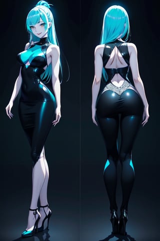 ((Front and back detail view)) Finnish girl. (Fashion Lookbook) Stunning. Smiling. Detailed High heels. Skinny body. Long hair with bangs. Wide hips. Color eyelashes. Happy. Carbon and diamond mini tight dress. Standing. Pale skin. Blue teal hair. Black background. Glowing phosphorescent hair and clothes. Dark.