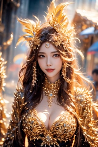 (8K, original photo, highest quality, masterpiece: 1.2), (current, realistic: 1.3), (sharp focus on chest), ((3D lighting, aura, bright rays, bright color reflection,)), classic and brilliant beauty A gorgeous golden goddess radiating . Wearing a golden dress, she reveals her opulence with abundant elegance. Her serene golden locks flow gracefully, complementing her glorious smile. Her eyes sparkle gold, as if radiating light wherever she looks. The elegantly loose hairstyle exudes a sophisticated charm that seems to be dancing in the wind. In her hands she holds a golden holder decorated with flowers, surrounded by vibrant flowers and butterflies. The area around the goddess shines in gold, naturally creating a fantastic play of light and shadow. Sunlight surrounds her, creating a fascinating interplay of light and shadow. The appearance of the goddess exudes a serene yet majestic atmosphere. Even in fantastic scenes, she solidifies her presence as a golden goddess and captures attention.,1 girl,ghostrider,little_cute_girl,xuer Gold,glowing gold