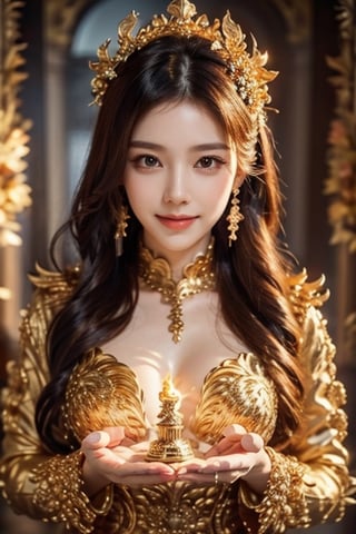 (8K, original photo, highest quality, masterpiece: 1.2), (current, realistic: 1.3), (sharp focus on chest), ((3D lighting, aura, bright rays, bright color reflection,)), classic and brilliant beauty A gorgeous golden goddess radiating . Wearing a golden dress, she reveals her opulence with abundant elegance. Her serene golden locks flow gracefully, complementing her glorious smile. Her eyes sparkle gold, as if radiating light wherever she looks. The elegantly loose hairstyle exudes a sophisticated charm that seems to be dancing in the wind. In her hands she holds a golden holder decorated with flowers, surrounded by vibrant flowers and butterflies. The area around the goddess shines in gold, naturally creating a fantastic play of light and shadow. Sunlight surrounds her, creating a fascinating interplay of light and shadow. The appearance of the goddess exudes a serene yet majestic atmosphere. Even in fantastic scenes, she solidifies her presence as a golden goddess and captures attention.,1 girl,ghostrider,little_cute_girl,xuer Gold,glowing gold,gold_art,golden water