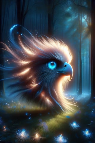 Under the starry night sky, a lonely eagle is flying majestically, its beak shining with a soft and ethereal light. The surrounding lawn glows with the soft light of fireflies, and nearby trees cast long shadows on the ground. The blue theme continues with a lonely flower blooming in the darkness in the distance. The eagle's piercing blue eyes seem to have a deep connection to the celestial canvas above.