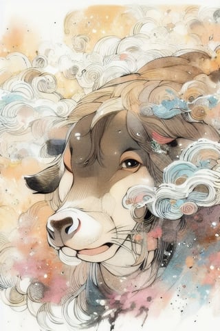 cow, color, ink, Chinese ink painting, smoke,pencil drawing