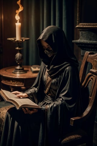 A darkened chamber, lit only by the flickering flames of a crackling fire. A figure sits, hood drawn over their face, surrounded by the shadows. Clad in a long, black robe, they hold an open book, illuminated by the fire's warm glow. The air is thick with mystery as they read from the ancient tome, a human skull nestled beside them like a macabre bookmark.