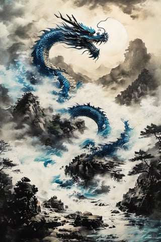 (8K, original, highest quality, famous photo: 1.2), (current, real photo: 1.3), ((3D lighting, aura)),

Blue dragon, summer, broad daylight, noon, 12pm, sea, mythical clouds, Chinese dragon, mountains