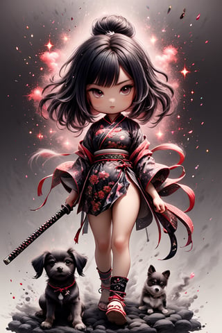 1dog, 1girl, weapon,, ink, Chinese ink painting, smoke,glitter,chibi,Ukiyo-e,colorful