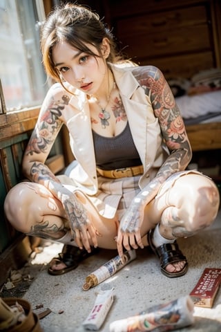 We selected the most beautiful woman in the world, Japanese gangster fashion, perfect light, Asian girl, frontal view. Junkyard, cigarettes, alcohol, bond, floor, road,  tattoo, ,obese, japanese school uniform