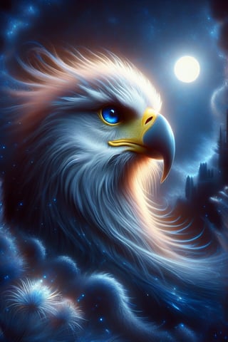 An eagle is flying majestically above the moonlit and starry night sky, its beak shining with a soft, ethereal light. There are clouds with shining moonlight and stars floating around, and the blue theme continues with the lonely moonlight blooming in the darkness in the distance. The eagle's piercing blue eyes seem to have a deep connection to the celestial canvas above.