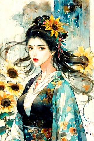 1girl, sunflower, color, ink, Chinese ink painting, smoke,pencil drawing