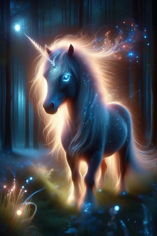 A lone unicorn stands majestically under the starry night sky, its single horn aglow with a soft, ethereal light. The surrounding grass is illuminated by the gentle glow of fireflies, while a nearby tree casts long shadows on the earth. In the distance, the blue theme continues with a solitary flower blooming amidst the darkness. The unicorn's piercing blue eyes seem to hold a deep connection to the celestial canvas above.