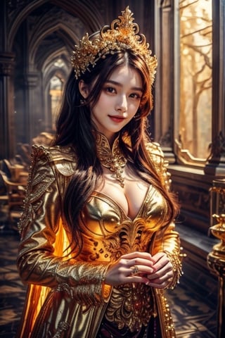 (8K, original photo, highest quality, masterpiece: 1.2), (current, realistic: 1.3), (sharp focus on chest), ((3D lighting, aura, bright rays, bright color reflection,)), classic and brilliant beauty A gorgeous golden goddess radiating . Wearing a golden dress, she reveals her opulence with abundant elegance. Her serene golden locks flow gracefully, complementing her glorious smile. Her eyes sparkle gold, as if radiating light wherever she looks. The elegantly loose hairstyle exudes a sophisticated charm that seems to be dancing in the wind. In her hands she holds a golden holder decorated with flowers, surrounded by vibrant flowers and butterflies. The area around the goddess shines in gold, naturally creating a fantastic play of light and shadow. Sunlight surrounds her, creating a fascinating interplay of light and shadow. The appearance of the goddess exudes a serene yet majestic atmosphere. Even in fantastic scenes, she solidifies her presence as a golden goddess and captures attention.,1 girl,ghostrider,little_cute_girl,xuer Gold,glowing gold