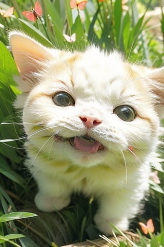 A dreamy sleeping cat running through the field and playing with butterflies and birds, a cute cat,cat,EpicFunnyCat