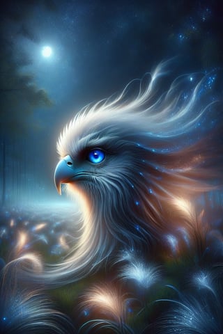 
A lonely eagle flies majestically above the starry night sky, its beak shining with a soft, ethereal light. The surrounding grass glows with the soft light of fireflies, and the blue theme continues with the lonely moonlight blooming in the darkness in the distance. The eagle's piercing blue eyes seem to have a deep connection to the celestial canvas above.