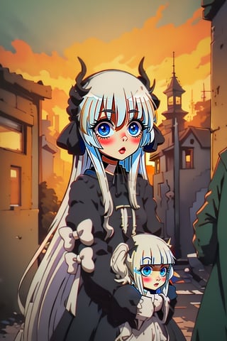 1girl, solo, long hair, looking at viewer, long sleeves, twintails, green eyes, standing, jacket, upper body, white hair, outdoors, horns, day, hood, hoodie, mask, hood down, building, clothes writing, forehead, city, hands in pockets, mouth mask, drawstring, road, antlers, street