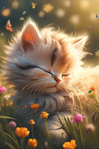 A dreamy sleeping cat running through the field and playing with butterflies and birds, a cute cat
