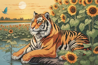 "At the edge of a pond, beautiful sunflowers bloom. Sitting quietly at the edge of the sunflower field is a tiger. Contrary to its wild nature, the tiger calmly observes its surroundings. Meanwhile, deep within the sunflower field, an owl perches on a tree, silently contemplating something. Suddenly, a carp emerges from the pond's surface. How do these four elements connect, and what message does this story convey?"