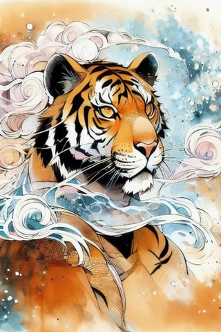 Tiger, color, ink, Chinese ink painting, smoke,pencil drawing