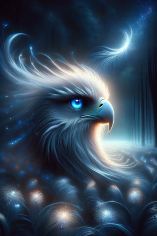 
A lonely eagle flies majestically above the starry night sky, its beak shining with a soft, ethereal light. The surrounding grass glows with the soft light of fireflies, and the blue theme continues with the lonely moonlight blooming in the darkness in the distance. The eagle's piercing blue eyes seem to have a deep connection to the celestial canvas above.