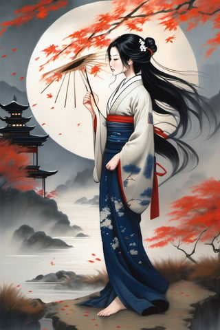A serene scene unfolds: a lone girl, adorned in traditional Japanese attire and hakama pants, stands tall amidst the gentle rustle of leaves. Her long black hair flows behind her like a dark waterfall as she holds a delicate fan to shield herself from the soft breeze carrying the whispers of falling maple leaves. The moon casts an ethereal glow above, illuminating the tree's branches that seem to sway in harmony with her movements.