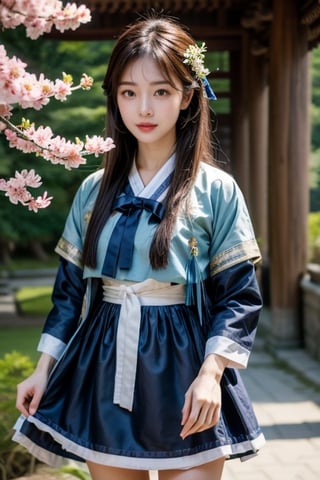 (8K, original, highest quality, famous photo: 1.2), (current, real photo: 1.3), ((3D lighting, aura)),

Blue eyes, 1girl, holding, weapon, female focus, cherry blossom hanbok, flower bouquet, shoulder cloak, sheath, cherry blossom, spring, bamboo, lotus flower, architecture, East Asian architecture, Joseon tile house