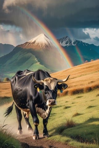 Hill with green grass, black cow, rain, mountain behind, afternoon, warm sunlight, beautiful gold dust, gold, silver,rainbow